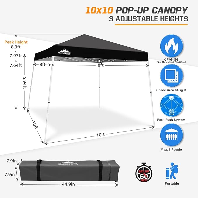 EAGLE PEAK 10x10 Slant Leg Pop-up Canopy Tent Easy One Person Setup Instant Outdoor Beach Canopy Folding Portable Sports Shelter 10x10 Base 8x8 Top (Black)