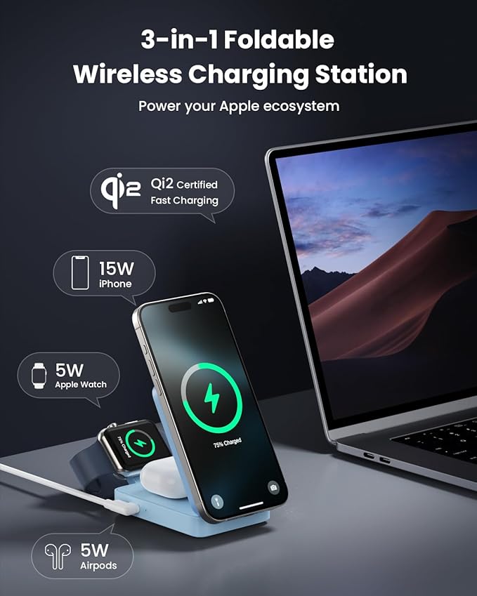 3-in-1 Wireless Charger Charging Station for iPhone, Qi2 Certified 15W Fast Charging Foldable Magnetic Charger Stand with 30W USB C Adapter for MagSafe iPhone 16/15/14/13/12, Apple Watch, AirPods