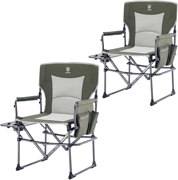 EVER ADVANCED Camping Directors' Chair with Side Table, Portable Folding Chair with Compact Size, Heavy Duty with Pocket for Camping, Lawn, Sports and Fishing, 400lbs, Green 2 Pack