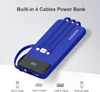 Power Bank 10000mAh Portable Charger with 4 Built-in Cables, Type-C in & Out Phone Charger, External Battery Charger Pack & Travel Essential for iPhone 16/15/14, Samsung, iPad, Android
