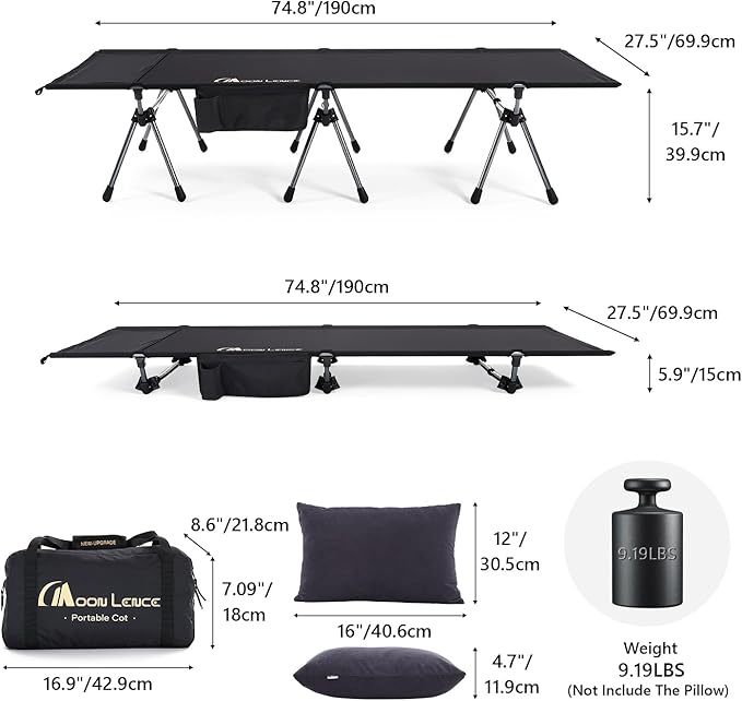 MOON LENCE Height Adjustable Camping Cot - Supports 330 lbs, Portable Folding Bed with Leg Extenders & Camping Pillow for Camping, Hiking, Sleeping, 1 Pack, Black