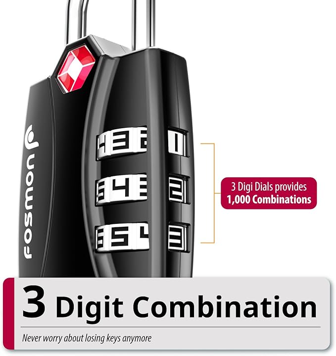 Fosmon TSA Approved Locks for Luggage. Suitcase Locks with Open Alert Indicator, 3 Digit Combination Padlock with Alloy Body for Travel, Backpack Zipper Anti Theft, Locker, Gym, Gun Case, Tent