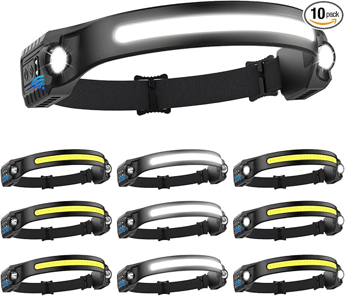 Headlamp Rechargeable 10Pack, 230° Wide Beam Head Lamp with 2 Spotlights, LED Headlamp with Motion Sensor, 5Mode Rechargeable Headlamp, Head Lights for Forehead, Headlamps for Adults Running Hard Hat