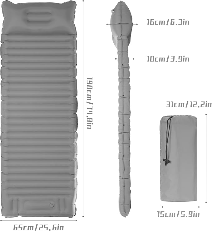 40D Self-Inflating Camping Pad, Insulated Ultralight Sleeping Mat for Backpacking, Winter Camping, 2-Layer Anti-Leak Design w/Built-in Pillow, Foot Pump Foldable Pad, Grey
