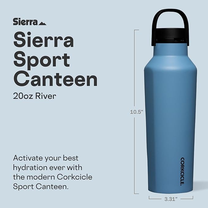 Corkcicle Sport Canteen - Keeps Drinks Cold 25 Hours - Stainless Steel Water Bottle - Triple-Insulated - Spill-Proof - Summer Drinkware Gift - Keeps Drinks Ice Cold - 20 oz - River