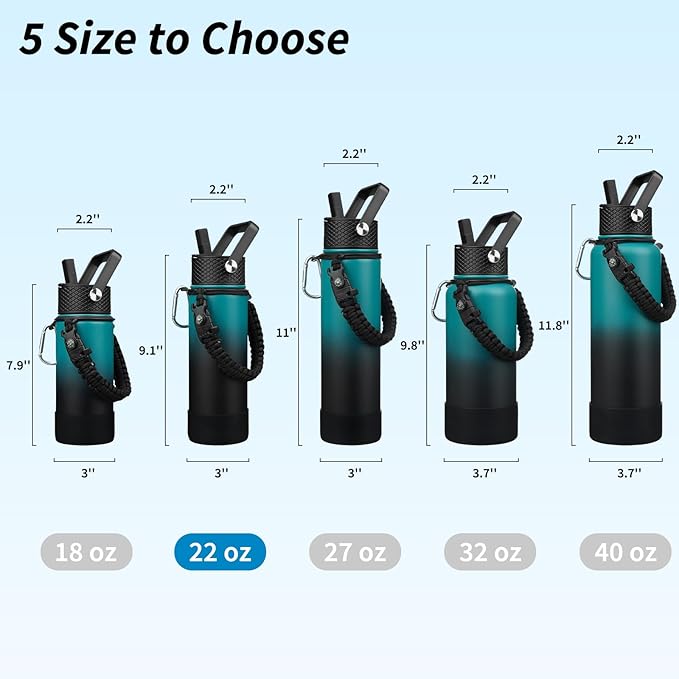 BJPKPK Insulated Water Bottle with Straw Lid, 22oz Thermo Water Bottles with 3 Lids, Paracord Handle & Non-slip Boot, BPA Free Leak Proof Stainless Steel Tumblers,Army Green & Black
