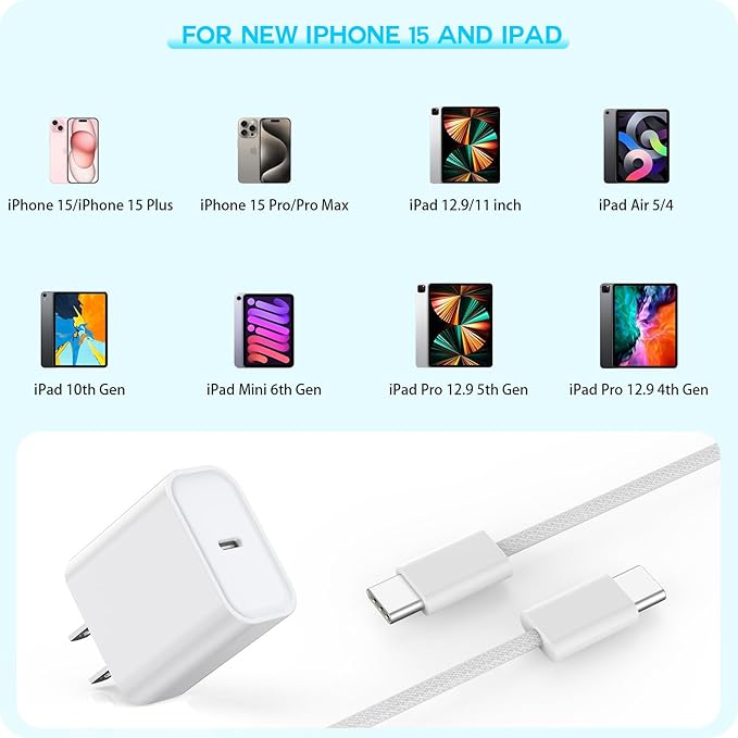 10FT Woven Cable for Apple 17 16 15, 60W 10Foot USB C to Type C Braided Charger Cable Cord & 20W USB C Charger Block Cube Travel Plug Super Quick Charging for iPhone 17 16 15/Plus/Pro/Pro Max,iPad Pro