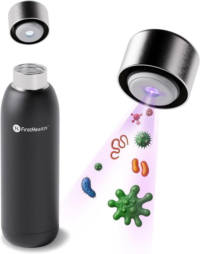 FIRSTHEALTH UV Self Cleaning and Water Purifying Bottle -18 Ounce Insulated Rechargeable Stainless-Steel Tumbler, Reusable, Kills 99.9% of Germs, Bacteria. Keeps Hot for 12-HR or Cold for 24-HR