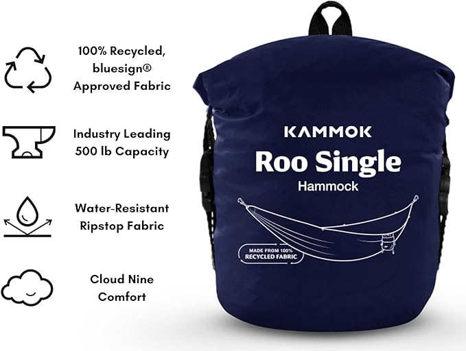 KAMMOK: Roo Single Hammock | Made from Strong & 100% Recycled Water Resistant Ripstop Fabric | Comfortable, Packable, Lightweight (Lifetime Adventure Grade Warranty), Midnight Blue