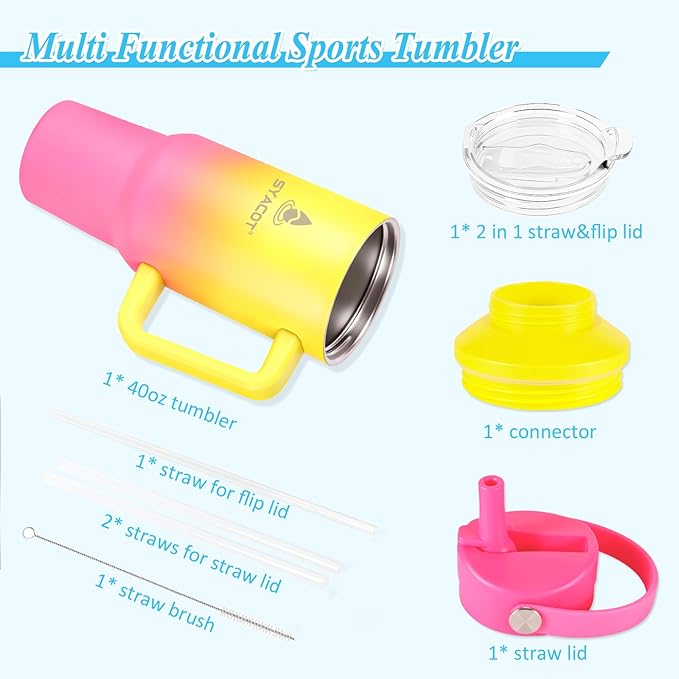 40 oz Tumbler with Handle and Straw or Convert to 40 oz Insulated Water Bottle Fits in Cup Holder. Stainless Steel Metal Water Flask with 2 Lids for Travel,Camping,Gym Sports Coffee Mug Thermal Cup