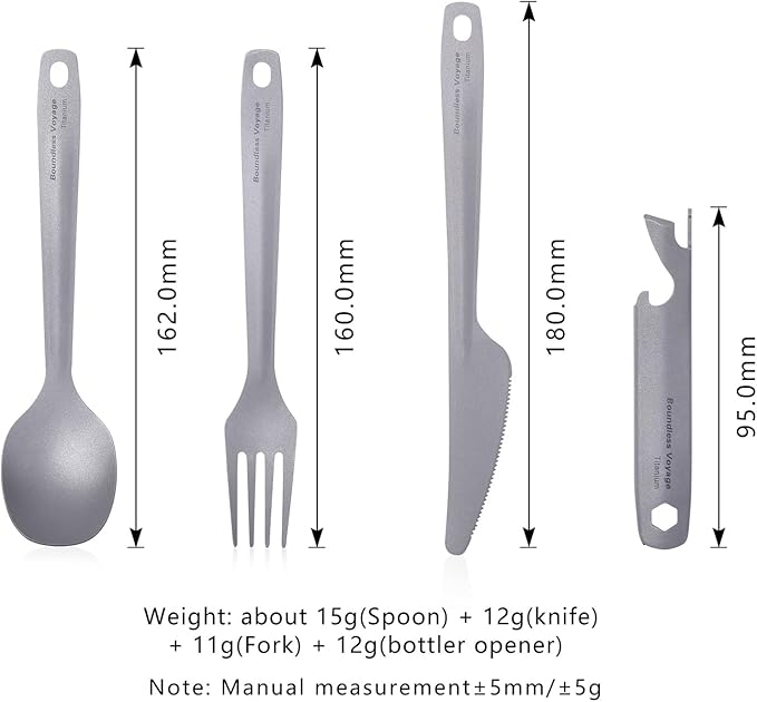 Boundless Voyage Utility Cutlery Set Titanium Spoon Fork Knife & Bottle Opener for Travel Camping in Easy to Store Cloth Case Ti1066T