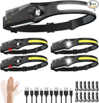 Rechargeable Headlamp 5PCS, 230° Wide Beam Head Lamp, Motion Sensor LED Headlamp Flashlight, 5Mode Headlamps for Adults, Bright Head Lights for Forehead, Hard Hat Headlight