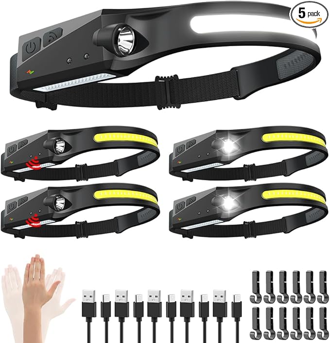 Rechargeable Headlamp 5PCS, 230° Wide Beam Head Lamp, Motion Sensor LED Headlamp Flashlight, 5Mode Headlamps for Adults, Bright Head Lights for Forehead, Hard Hat Headlight