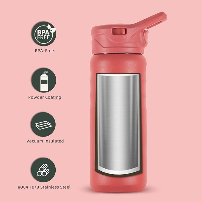 IDEUS Insulated Stainless Steel Water Bottle with 2 Leak-Proof Lids, Thermal Water Flask for Hiking Biking, 18oz, Red