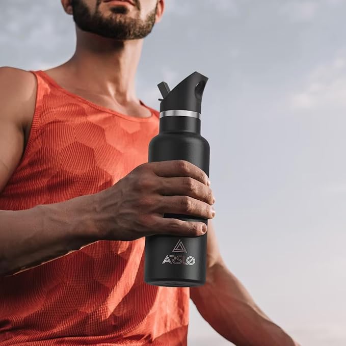 Stainless Steel Double Wall Water Bottles, Vacuum Insulated Bottle With Straw Lid, Insulated Water Bottle Keeps Water Cold for 24 Hours, Hot for 12 Hours, Hiking, Sports