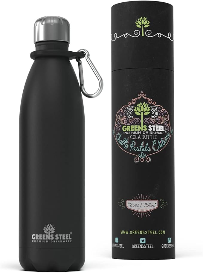 Greens Steel Stainless Steel Water Bottle - 25 oz, Black | Vacuum Insulated Double Wall with Screw Lid/Leak Proof | Thermal Travel Sports Canteen Coffee Flask