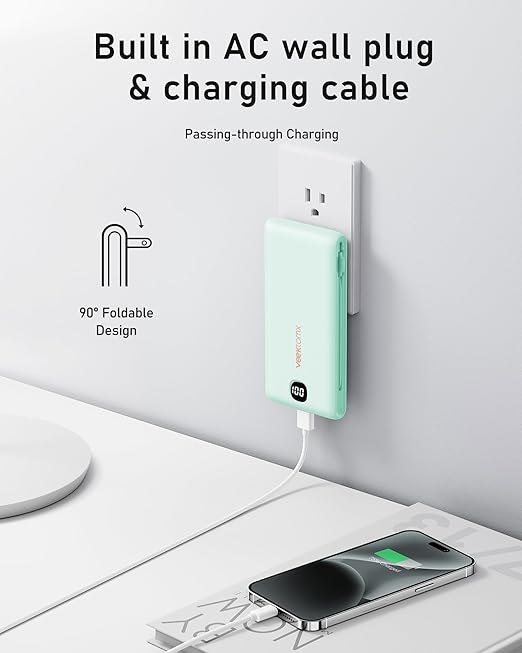 VEEKTOMX Portable Charger with Built in Cables 10000mAh, Power Bank for iPhone with Wall Plug, Travel Essential Fast Charging Slim USB C External Battery Pack for iPhone 17/16/15, Samsung, iPad, etc