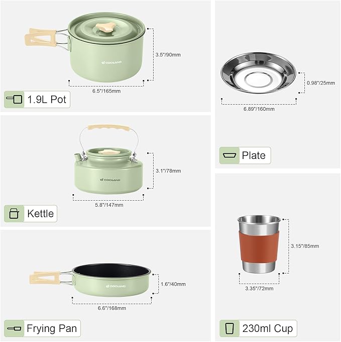 Odoland 15pcs Camping Cookware Mess Kit, Non-Stick Lightweight Pot Pan Kettle Set with Stainless Steel Cups Plates Forks Knives Spoons for Camping, Backpacking, Outdoor Cooking and Picnic