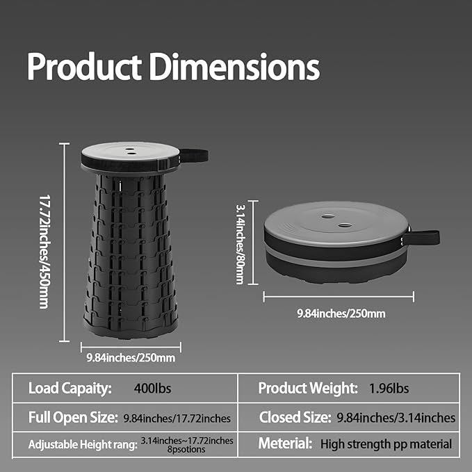 Portable Telescoping Stool, Retractable Folding Stool for Camping Garden Fishing Hiking Travel BBQ, Adjustable Collapsible Stools (Black)