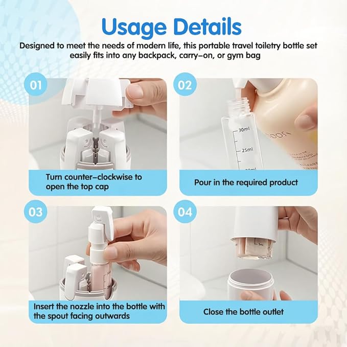4 in 1 Travel Dispenser Bottle, 4-in-1 Refillable Travel Dispenser Bottles, 4 Pack 30ML Travel Bottles for Toiletries, 2026 New Portable Travel Containers for Shampoo Lotion Conditioner (White)