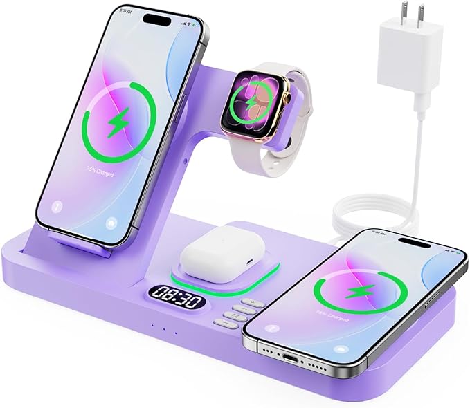 Dual Phone Magnetic Wireless Charging Station for Apple Devices/Apple Ecosystem,with Auto-Switch 7-Color Light & Clock, Compatible with iPhone 17/16/15, for iWatch 11/10/9 & AirPods Pro3(Purple
