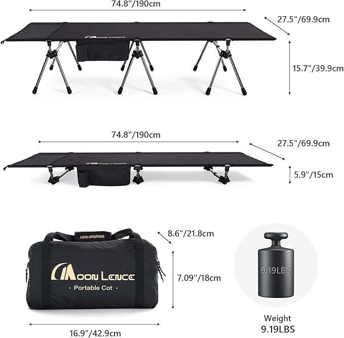 MOON LENCE Height Adjustable Camping Cot - Supports 330 lbs, Portable Folding Bed with Leg Extenders for Camping, Hiking, Sleeping, 1 Pack, Black