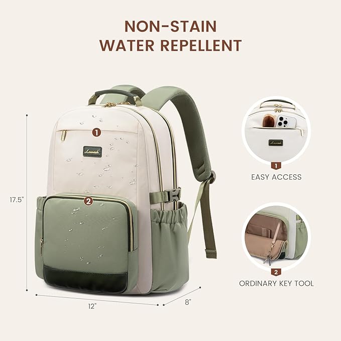 LOVEVOOK Laptop Backpack for Women with Pouch Pocket for Large Capacity Cup,15.6 Inch Laptop Computer Bag Travel Backpack Purse,Waterproof Work College Teacher Bags,White-Bean Green-Dark Olive Green