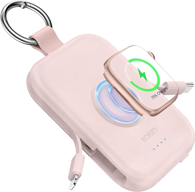 RORRY CharmGo Portable Charger, 5000mAh Portable Charger Power Bank with Built-in Cables, Travel Keychain Battery Pack for Apple Watch and iPhone Air/17/16/15/14/13/12, Pink