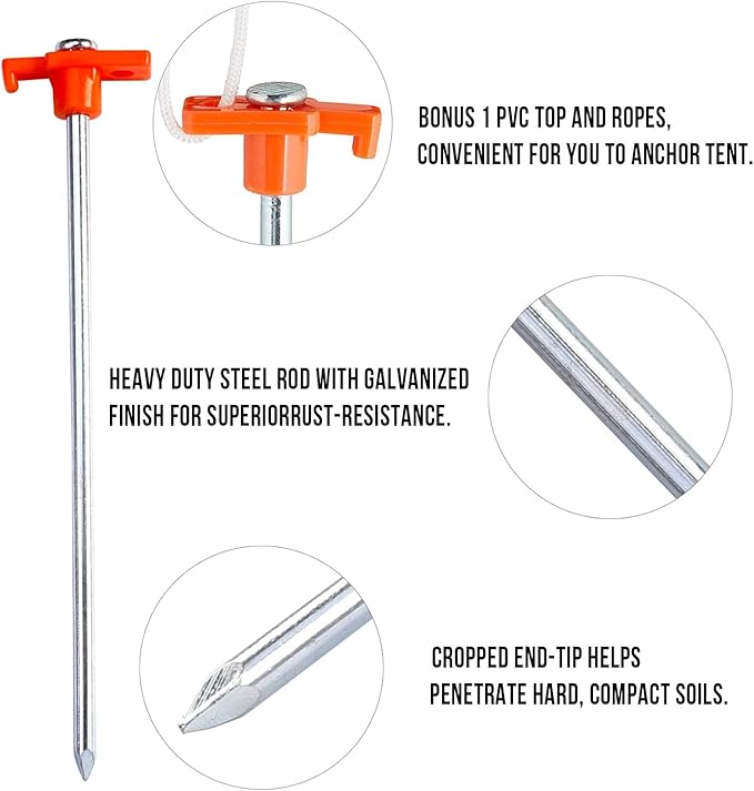 ABCCANOPY 10 Inch Tent Stakes 10 Pcs Non-Rust Metal Ground Anchors, Heavy Duty Spikes with 4 Ropes for Outdoor Camping, Reddish Orange