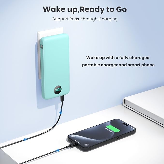 Portable Charger 13800mAh Slim USB C Power Bank with Built in Cables and Wall Plug,LCD Display Lightweight Travel Battery Pack,PD Fast Charging Compatible with iPhone 15,14,Samsung Android-Green