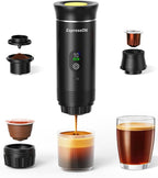 Portable Espresso Coffee Maker Rechargeable Self Heating Machine For Travel Car 3 in 1 Ground Coffee and NS Capsules 20 Bar Pressure Smart LED Display Camping Office With Stand Holder (BLACK)