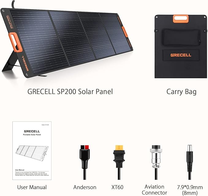 GRECELL 200W Portable Solar Panel for Power Station, Foldable Solar Charger w/ 4 Kickstands, IP65 Waterproof Solar Panel Kit w/DC XT60 Anderson Aviation Output for Outdoor RV Camper Blackout