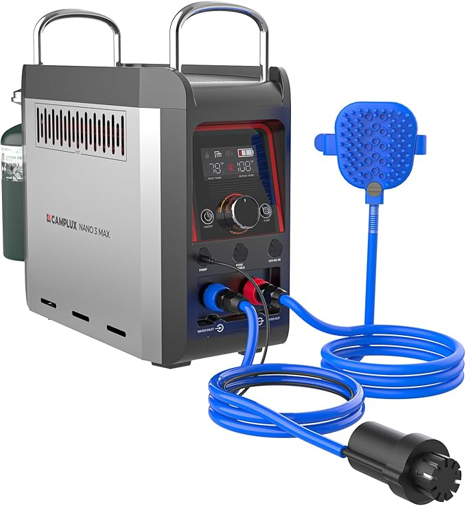 CAMPLUX Nano 3 Max, Portable Propane Water Heater & Shower Pump, Rechargeable Portable Shower System, Instant Hot Water for Camping, Hiking, Glamping & Vacationing