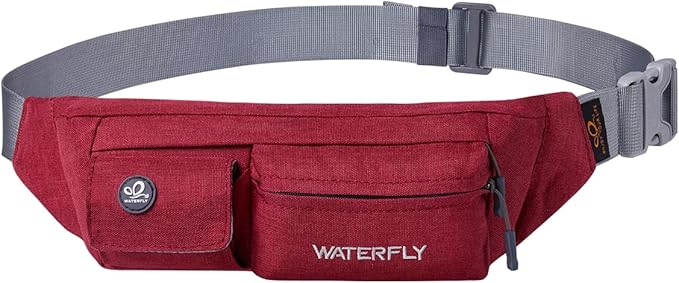 WATERFLY Fanny Pack Slim Soft Polyester Water Resistant Waist Bag Pack for Man Women Carrying iPhone 8 Samsung S6 (Wine red)