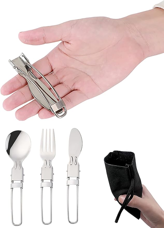 Camp Flatware Sets - Stainless Steel Spoon Fork Knife & Nylon Storage Bag - Foldable + Locking Handle - Ultralight Utensils for Backpacking/Hiking/Camping - 3oz