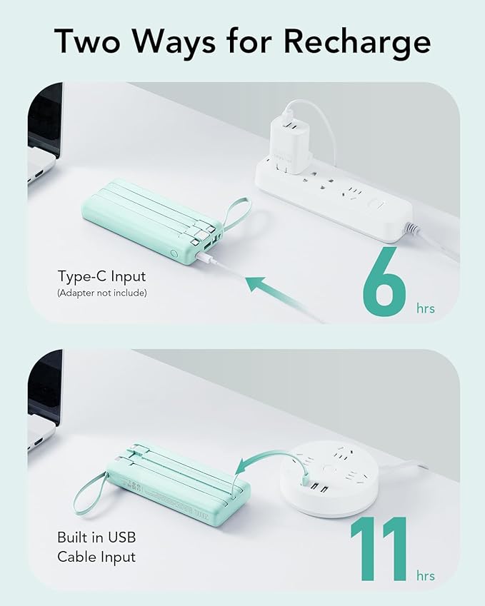 VRURC Portable Charger 20000mAh, Built-in Cables Fast Charging Power Bank, PD QC 3.0 Travel Essentials Battery Pack, 4 Output & 2 Input Phone Charger for iPhone16 15 14 13 X, Samsung, Android-Green