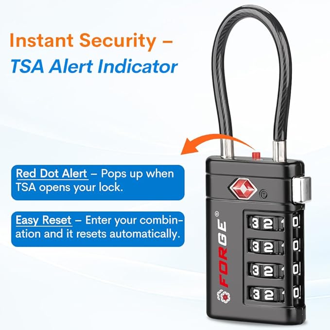 Forge TSA Approved Luggage Locks 4 Digit Combination TSA Travel Locks with TSA008, Open Alert Indicator, Zinc Alloy Body for Luggage, Suitcase, Backpack, and More. Black 4 Locks.