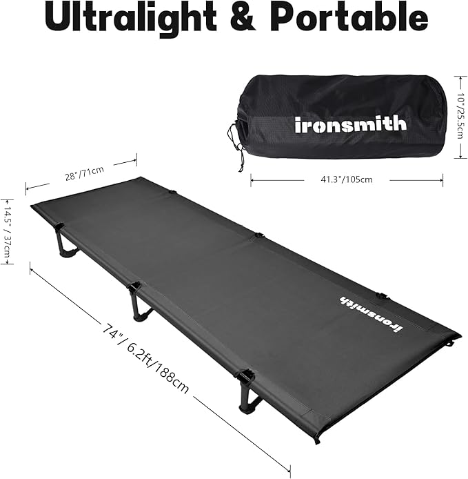 Camping Cot, Portable Camping Bed for Adults Children,Ironsmith Foldable Sleeping cots for Hiking,Camping,Travel,Support 330LB,Foldable Bed for Office nap (Black)