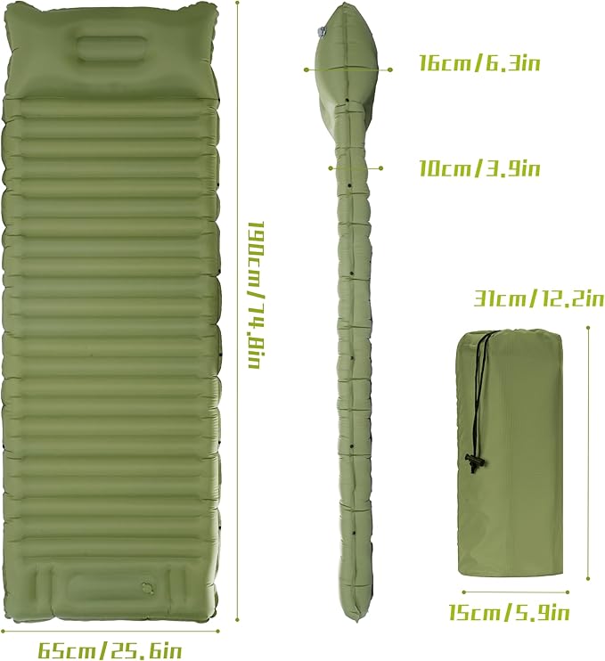 40D Self-Inflating Camping Pad, Insulated Ultralight Sleeping Mat for Backpacking, Winter Camping, 2-Layer Anti-Leak Design w/Built-in Pillow, Foot Pump Foldable Pad, Army Green