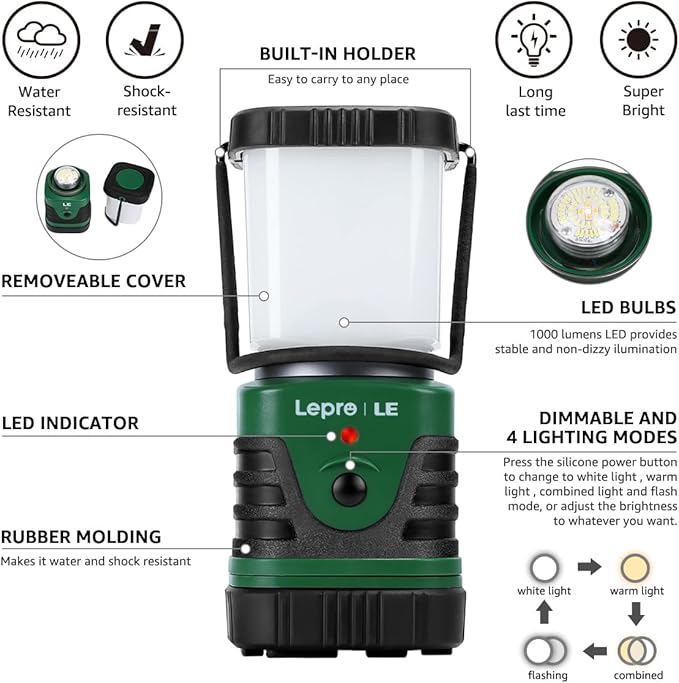Lighting EVER 1000LM LED Camping Lantern Rechargeable, 4400mAh Power Bank, Camping Essential with 4 Light Modes, IP44 Waterproof Lantern Flashlight for Hurricane Emergency, Hiking, USB Cable Included
