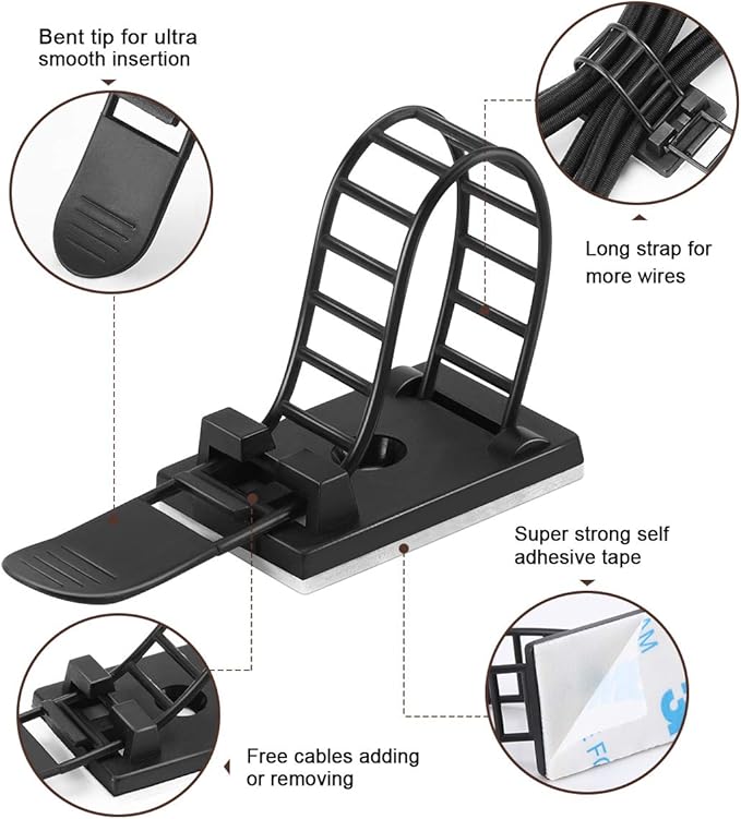 100Pcs Adhesive Cable Management Clips with 50Pcs Zip Ties, Adjustable Nylon Cable Strap Ties Wire Clips Clamps Organizer with Strong Adhesive Tape, Extra Screw & Hole - 3.55 Inch Black