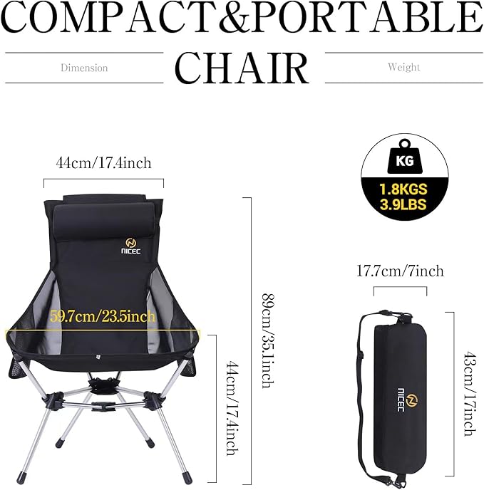 Nice C Ultralight High Back Folding Camping Chair, Collapsible Backpacking Chair, Compact & Heavy Duty Outdoor, Travel, Picnic, Festival with 2 Side Pockets, Pillow &Carry Bag (One Black)