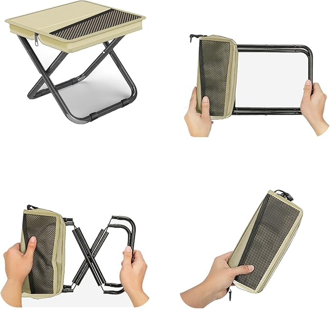 2-in-1 Collapsible Camping Stool & Sling Bag / 220LB Load Capacity Folding Portable Fishing Stool/Collapsible Stool for Camping, Hiking, Fishing, Gardening & Beach Outdoor Activities (Khaki, L)