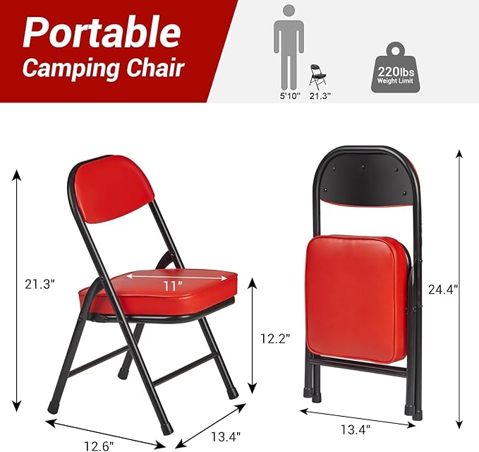 Mini Padded Folding Chairs, Garage Stool, Portable Camping Chair with Cushion, Lightweight Lawn Chair, for Outdoor Sports Events, Patio, Fishing, Hiking, Hunting, Picnic, Beach, Red