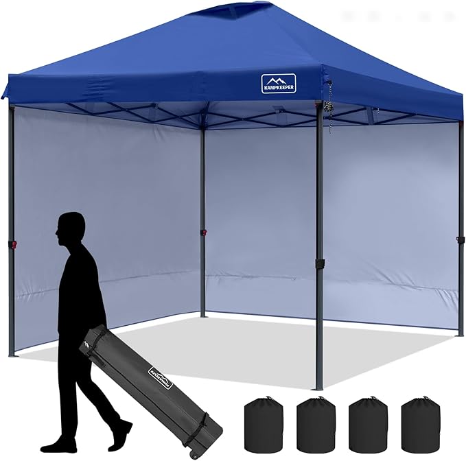 KAMPKEEPER 10x10 Pop Up Canopy Tent with 2 Sidewalls, Beach Tent - Easy Outdoor Sun Shade for Events, Parties, Camping - Gazebo with 4 Weight Bags & Carry Bag.（Navy Blue）