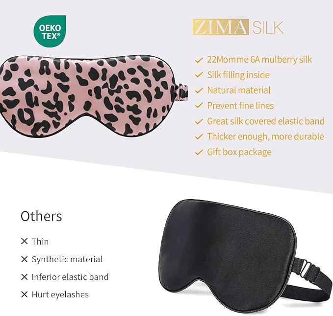 ZIMASILK Adjustable 100% 22 Momme Mulberry Silk Sleep Mask for Sleeping, Filled with Premium Mulberry Silk, Softest & Breathable Eye Sleeping Mask (Leopard - Black Pink)