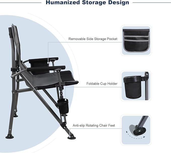 Portable Outdoor Folding Camping Chair Heavy Duty Camp Chair with Storage Bag for Outside Activities, Black Grey