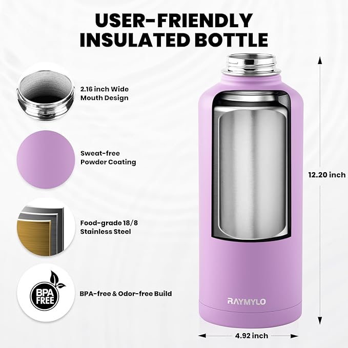 Insulated Water Bottle 87 oz, Triple Wall Vacuum Stainless Steel (Cold for 48 Hrs), Leak Proof & Non-BPA, Modern Water Flask Jug with Paracord Handle & Straw Spout Lids, Lilac