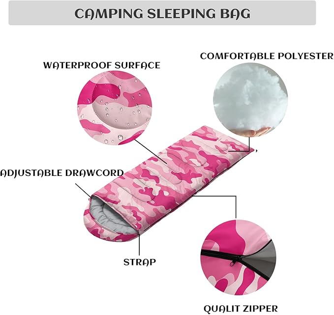 Sleeping Bags for Adults and Kids Backpacking Camping Sleeping Bags for Girls and Boys Lightweight Waterproof Cold/Warm Sleeping Bag for All Season