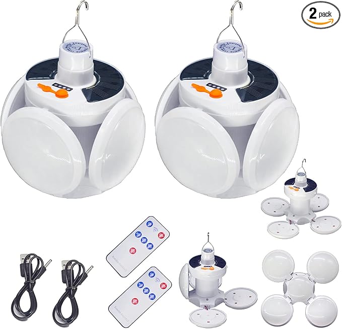 Folding Solar Camping Tent Light Outdoor Waterproof Portable Hanging Lantern Remote Control USB 4000mah Battery Rechargeable Foldable for Home Indoor Emergency Power Outage 2 Pack